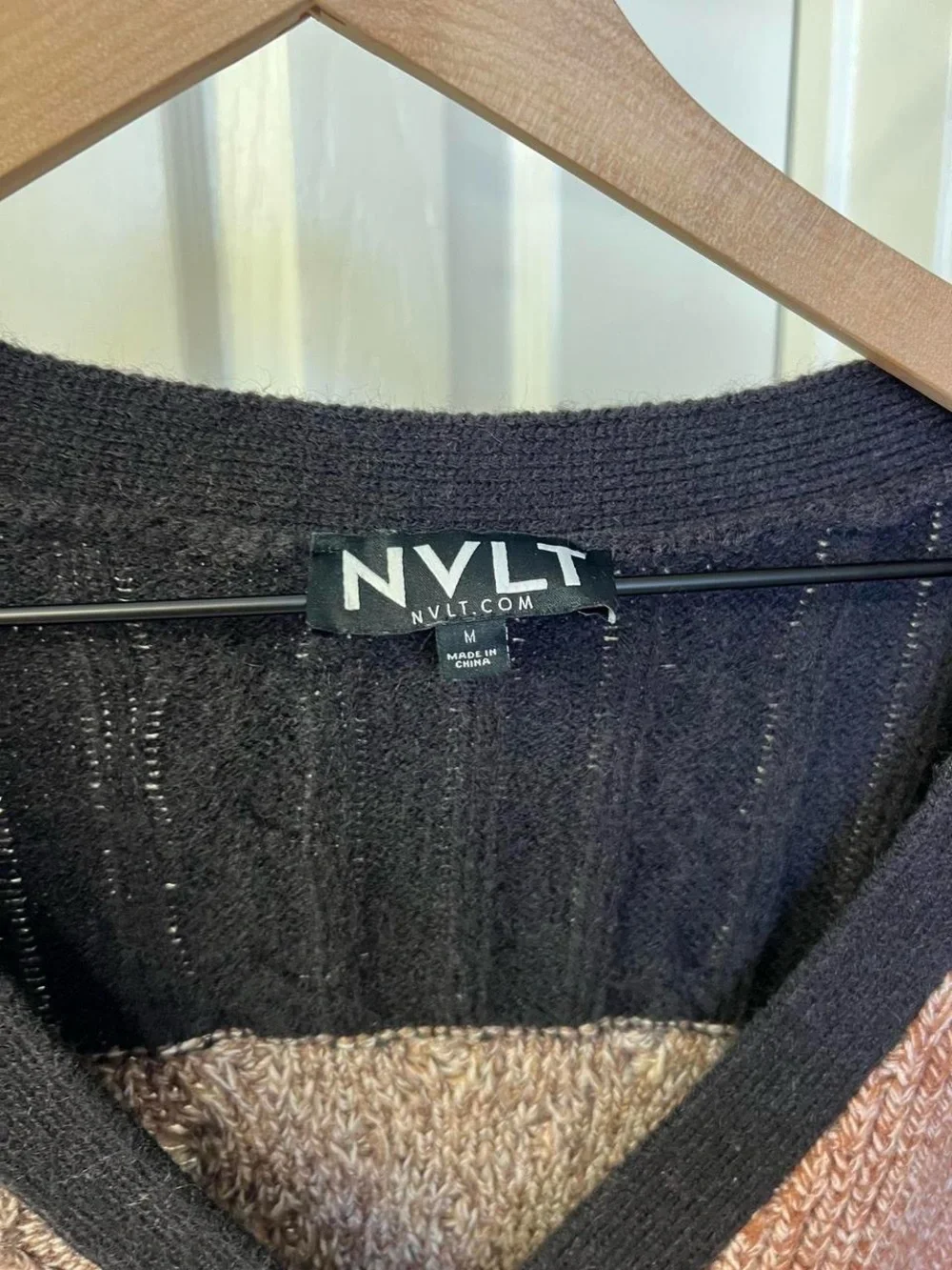 NVLT Black Patchwork Cable-Knit V-Neck Cardigan with Cream & Brown Panels